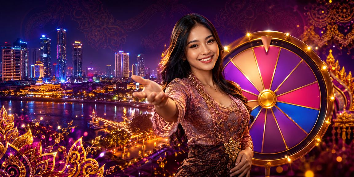 Tampilan neon berwarna-warni menampilkan undian berhadiah dan promo deposit di platform hiburan online